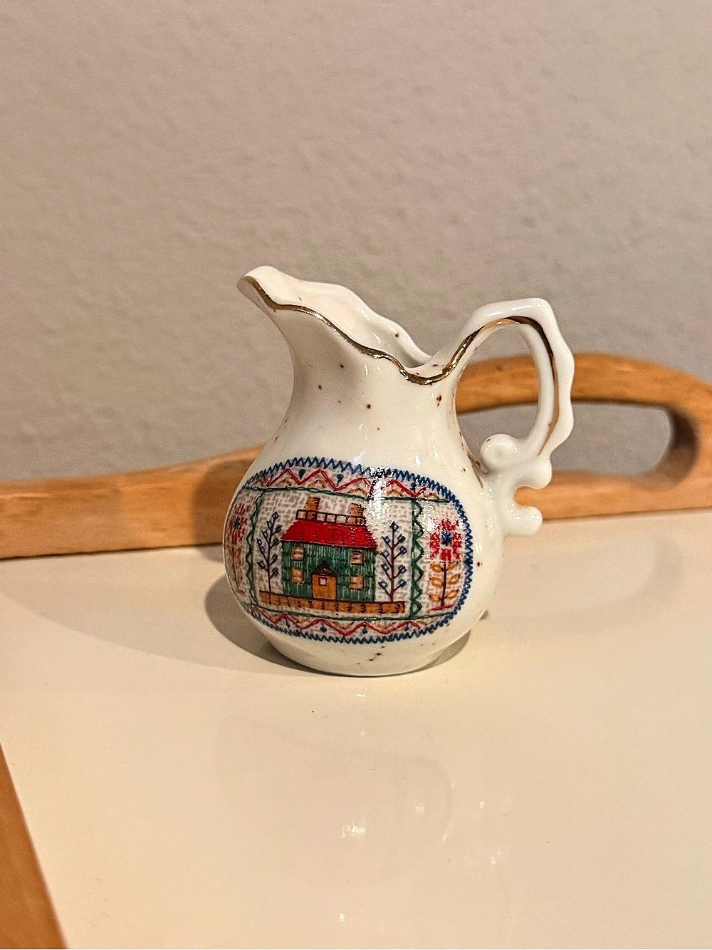Vintage Enesco Japan Cross Stitch Sampler Ceramic Mini Pitcher Creamer, 1970s Co